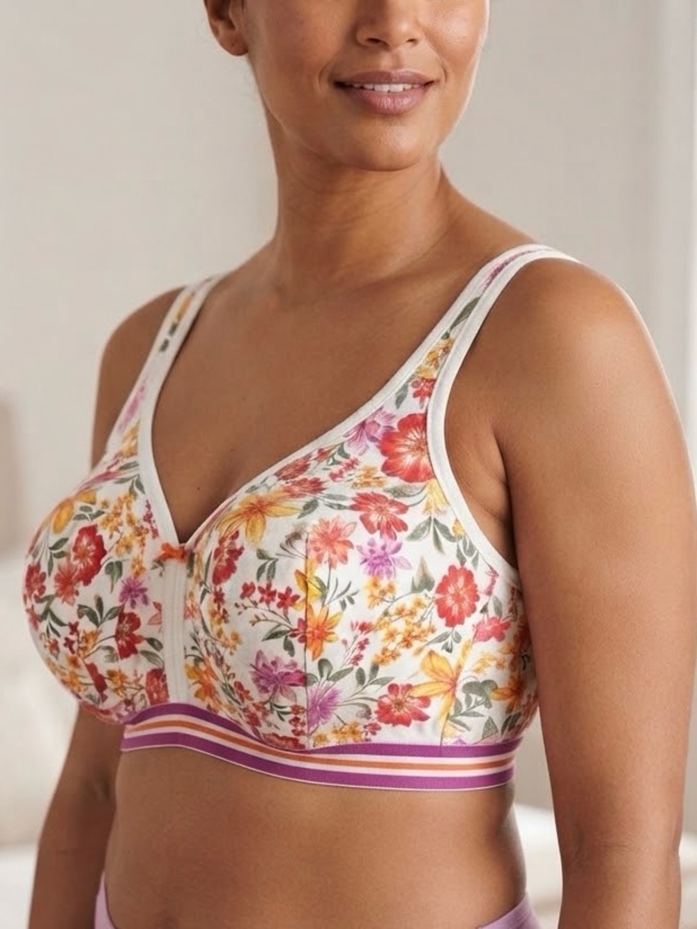 Cacique Lane Bryant 46DDD Front Close Bra White Red Floral Striped Underwire
